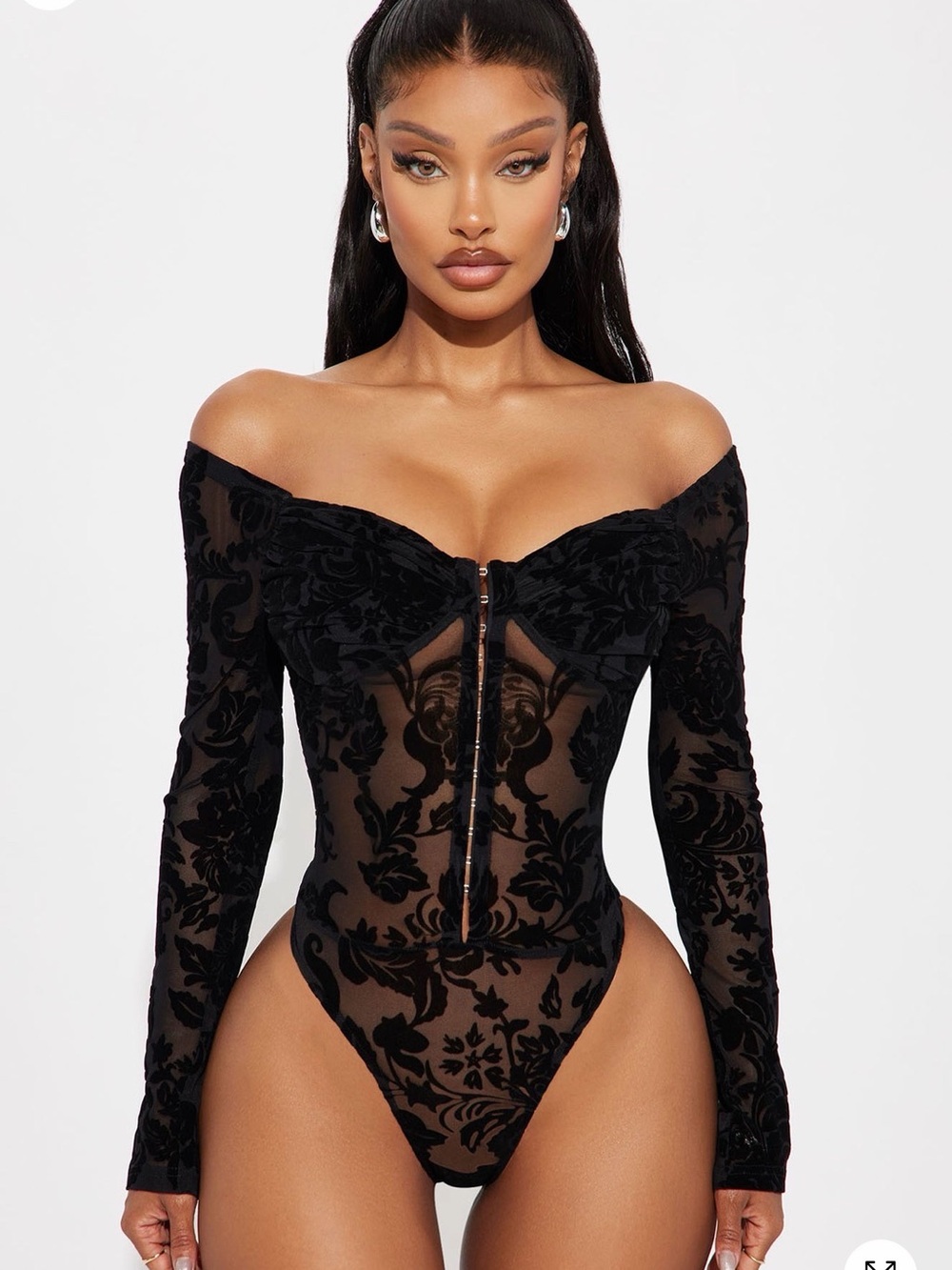 Off-Shoulder Black Sheer Velvet Floral Bodysuit